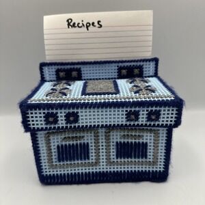 Vintage Blue Gray Mid Century Plastic Canvas Needlework Oven Recipe Box